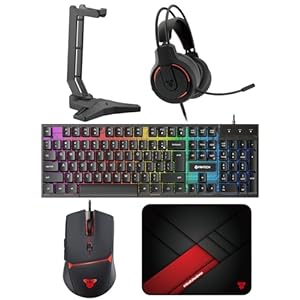 FANTECH P51S Gaming Keyboard and Mouse Combo, Gaming Headset and Headphone Stand Gaming Mouse Pad Wired RGB Rainbow Backlight PC Beginner Gamer Basic 5 in-1 Gaming Set