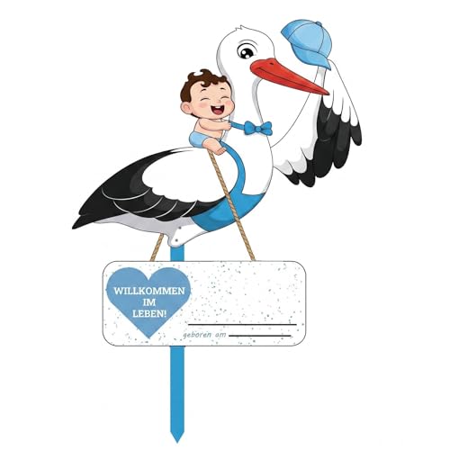 Mailfull Klapperstorch Set zur Geburt Baby 81cm Holz Storch Geburt für Draussen Willkommen Zuhause Baby Deko Inkl Holzstab Namensschild Grußkarte (Blau)