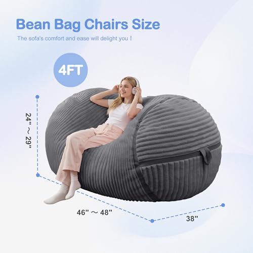Image of 4FT Bean Bag Chair 4'Big Bean Bag Chairs with Adults, Large Beanbag Chair | Bean bag Lounger with Machine Washable Cover Corded Plush Fabric, Comfy Chairs for Living Room Bedroom Dorm, Darkgrey