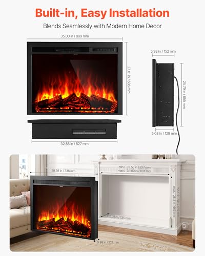 Image of VEVOR 35 Inch Electric Fireplace Insert, 5000BTU Recessed or Wall Mounted Heater Realistic Flame Colors & Adjustable Brightness, 750W /1500W Dual Heat, 8H Timer, Tempered Glass for Living & Bedroom