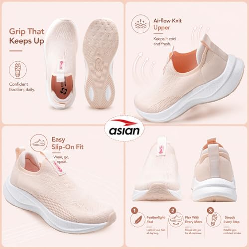 Image of ASIAN HypercushionWalk-W-01 Women's Ortho Walking Shoes | Stylish Slip-On Knit Shoes with E-TPU Energy Return Sole, Ortho Relief Memory Foam, Arch Support & Traction Grip for Smooth Daily Walking