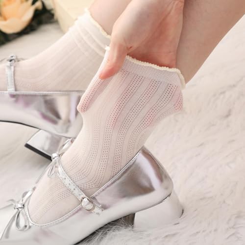 6 Pairs Womens Ruffle Slouch Socks Thin Mesh Breathable Casual Lace Cotton Crew Socks Cute Ankle Stockings for Women3