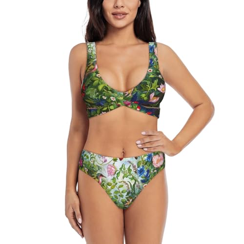 Maillot de bain deux pièces femme au motif jardin d'oiseaux et fleurs pour la plage