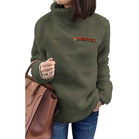 ASHER FASHION Sherpa Jacket Women Pullover Sweaters Fleece Sweatshirt Tunic Tops Blouses Army Green Cover