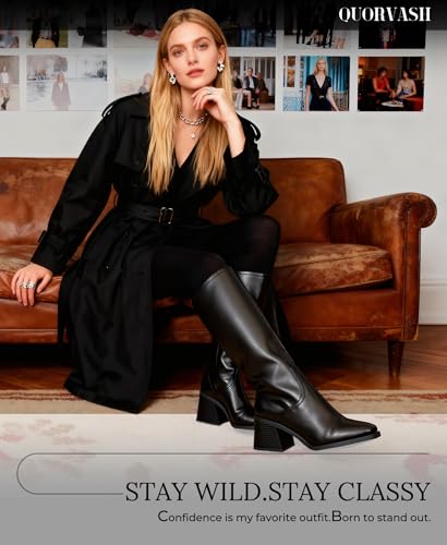 Image of Knee High Boots Women - Long Elastic Faux Leather Boots Tall Square Toe Chunky Block High Heel Shoes with Side Zipper