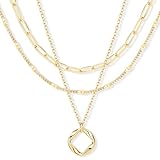 Layered Necklaces for Women,14k Gold Plated Dainty Stackable Choker Necklaces for Women,Trendy Layering Circle Paperclip Chain Pendant Jewelry Set Gifts