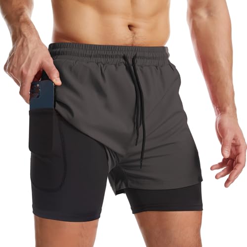 Surenow Mens 2 in 1 Running Shorts Quick Dry Athletic Shorts with Liner, Workout Shorts with Zip...