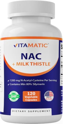 Vitamatic NAC Supplement N-Acetyl-L-Cysteine (NAC) with Milk Thistle 50:1 Extract - Supports Immune Respiratory Liver Health 1200 mg per Serving 120 Veg Capsules