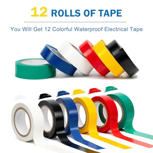 Image of MoHern 12 Pack Electrical Tape Colors, 3 /4 in x 65 ft, Voltage Level 600V Colored Tape Rolls, Colored Tape for Labeling, Electrical Tape Waterproof for Home Auto Circuit Wiring