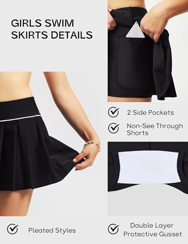 Image of FitsT4 Sports Girls Swim Skirts with Pocket & Shorts UPF 50+ Swimming Bottom Kids Bathing Skort for Surfing Beach Volleyball