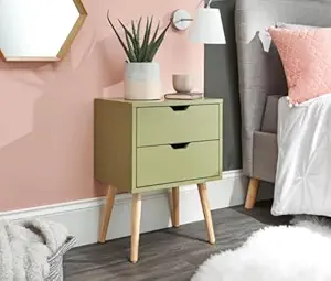 FURNIFOX Night Stand,End Table for Bed Nightstand with Drawers, Side Table with Storage, Solid Wood Table Legs,A Shaped Suitable for Small Spaces, Living Room, Bedroom, White (Green)