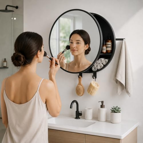 Image of CIPLA PLAST Pearl Round Bathroom Mirror Cabinet with Towel Holder | Wall-Mounted Modern Design Cabinet with Storage | Moisture-Resistant Bathroom Organizer with Toothbrush Holder (Black)