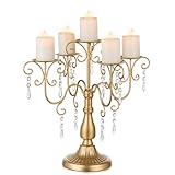 Sziqiqi Candelabra Centerpieces Gold Candle Holder - 5 Arm Pillar Candle Holders with Crystal Beads for Christmas Table Centrepiece Halloween Wedding Candleholders Decoration