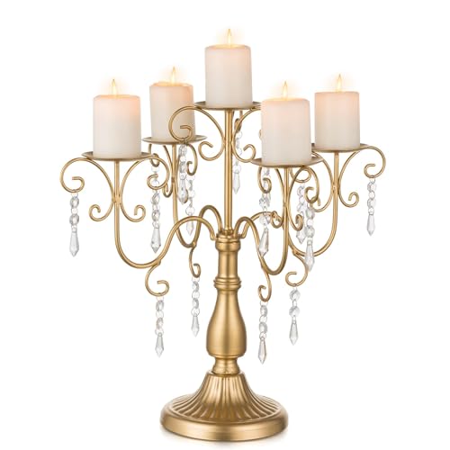 Candelabra Centerpieces Gold Candle Holder - 5 Arm Pillar Candle Holders with Crystal Beads for Christmas Table Centrepiece Halloween Wedding Candleholders Decoration