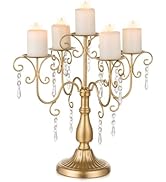 Sziqiqi Candelabra Centerpieces Gold Candle Holder - 5 Arm Pillar Candle Holders with Crystal Bea...