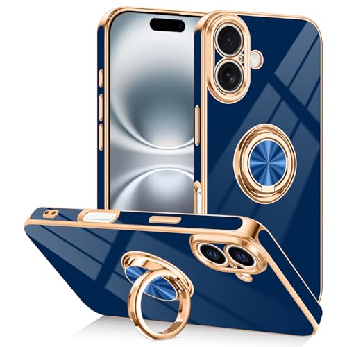 Tnarru Designed for iPhone 16 Case with Ring Stand, 360° Rotatable Holder Support Magnetic Car Mount Soft TPU Plating with Full-Covered Lens Protection Phone Case for iPhone 16 Blue