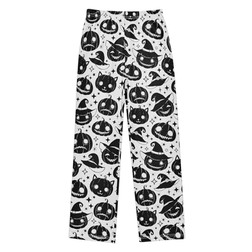 Pumpkin with Witch Hat Boys Long Pants Soft Trousers Elastic Waist Kids Lounge Bottoms with Pockets S-XL