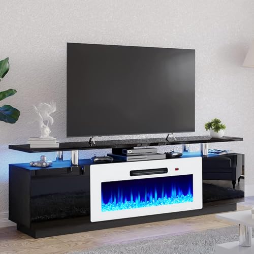 Image of AMERLIFE 70 inch High-Gloss Fireplace TV Stand with 36 inch Electric Fireplace | Black /White LED TV Console, Modern Living Room Entertainment Center, Fits TVs up to 80 inch, 2 Cabinets, 2-Tier Storage Space