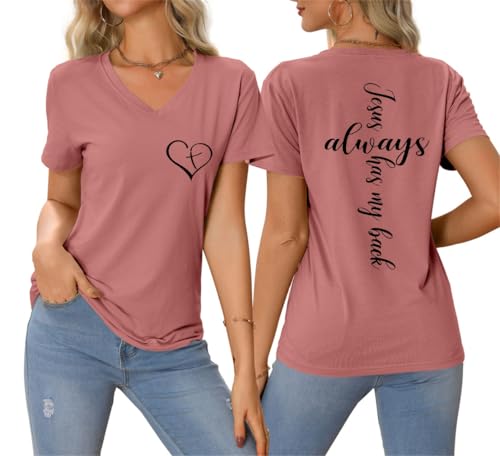 Image of Jesus Christian Shirts Womens Jesus Always Has My Back Tshirt Religious Faith T-Shirt V Neck Inspirational Funny Top