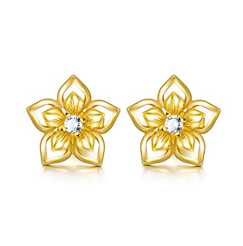 14K Solid Gold Flower Stud Earrings With Push Backs for Women, Real Yellow Gold Elegant Flower Jewelry Gift for Her, Mom, Wife, Girls