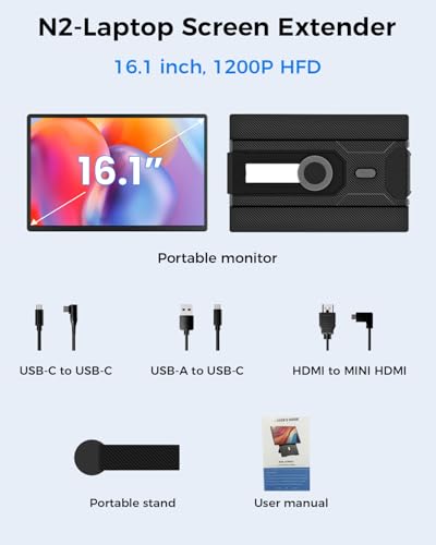 Image of Cevaton Laptop Screen Extender, 16.1 inch FHD 1200P Portable Monitor for Laptop with Magnetic Detachable Stand, 360 Rotatable Borderless Screen, Plug & Play, Compatible with Windows Mac