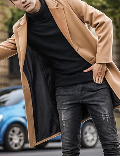 Springrain Men's Notched Lapel Single Breasted Long Pea Coat Trench Coat (Khaki, Medium) #TOP3