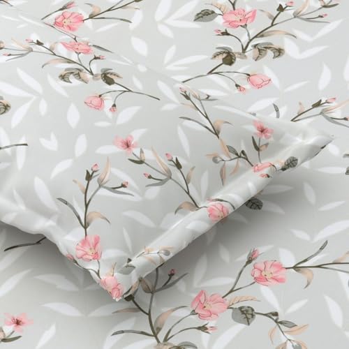 Image of Jaipur Weaves Single Bed Cotton Bedsheet with 1 Pillow Cover, 100% Pure Cotton Single Bedsheet 60x90 Inches, 240 TC Soft Breathable Bed Sheet - (Spring Tulips Grey)
