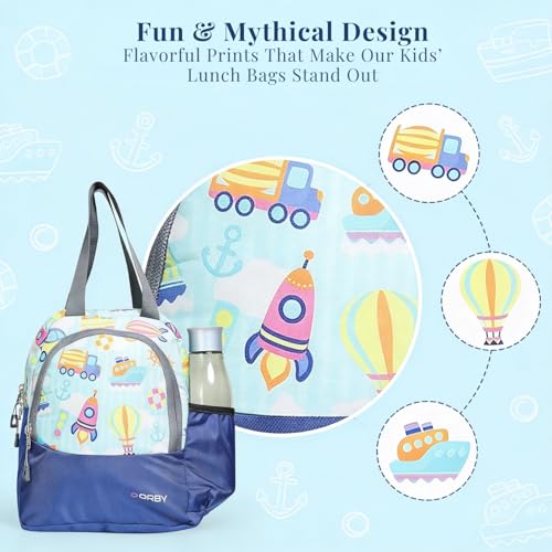 Image of ORBY Lunch Bag Car Balloon Blue | Water-Repellent Durable Fabric | Tiffin Bag with Bottle Holder & Front Pocket | Strong Zipper & Spacious Meal Storage (Car and Balloon Pattern, Blue)