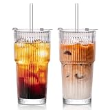 SoulTimes 600 ml Glasbecher mit Deckel und Strohhalm, Gerippte trinkbecher für Iced Coffee, Smoothies, Saft & Kaltgetränke, Elegantes Trinkgeschirr für Zuhause & unterwegs 【2er Set】