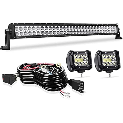 Led Light Bar TILTOP 32 Inch 180W Spot Flood Combo Road Light Bar 2PCS 18w 4Inch Spot LED Pods with Wiring Harness Kit for Jeep ATV UTV Polaris Trucks Boats Cover