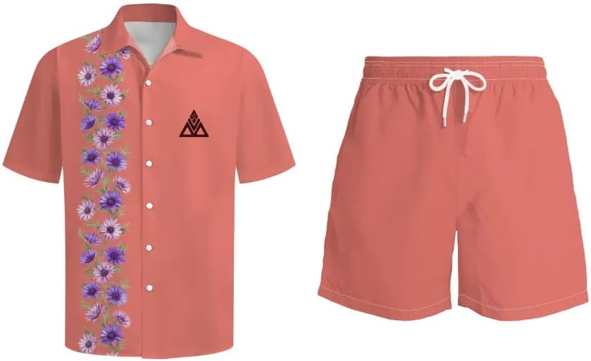 BV Floral Print Button Down Summer Set, Short Sleeve Shirt with Shorts, Anti-Wrinkle