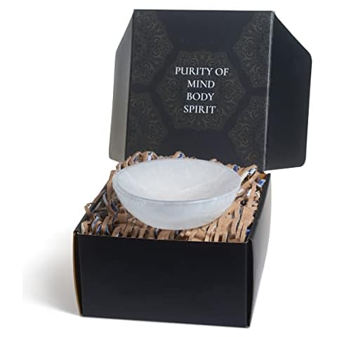 PURAMENTO Selenite Round Crystal Bowl - Large Handmade in Morocco Gem Bowl for Charging Crystals, Chakra Stones, Sage Smudging, Cleansing, Healing, Reiki, Wicca, Metaphysical and Meditation (5.5 Inch) Cover