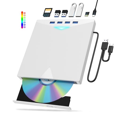 External CD/DVD Drive for Laptop PC,8 IN 1 LED Portable DVD Drive CD Burner CD-ROM DVD-/+RW Writer Reader with TF/SD Card Slots,USB 3.0 DVD Drive External,Compatible with Mac,Windows 11/10/8/7,Linux