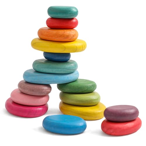 OESSUF 16pcs Extra-Large Wooden Sorting Stacking Rocks – Safe Montessori Toys for 1-3 Year Old, Waldorf Wooden Blocks for Toddlers 1-3, Smooth Stacking Stones for Toddlers, for Kids