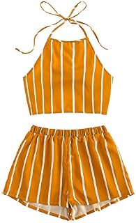 SweatyRocks Women's Striped 2 Piece Outfits Halter Crop Cami Top and Shorts Set