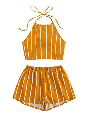 SweatyRocks Women s Striped 2 Piece Outfits Halter Crop Cami Top and Shorts Set Mustard L