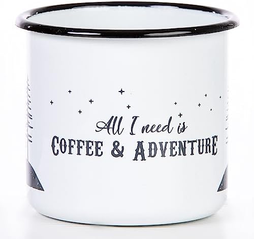 Coffee & Adventure wysokiej jakości emaliowany kubek o wyglądzie outdoorowym, lekki i nietłukący, na kemping i trekking od MUGSY.de