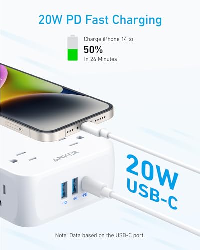 Anker Surge Protector Flat Plug Power Strip 2000J, 5ft Thin Extension Cord, 8 Outlets,2 USB A and 1 USB C Port,20W for iPhone15,Wall Mount,Compact for Home,Office,Room,TUV Listed