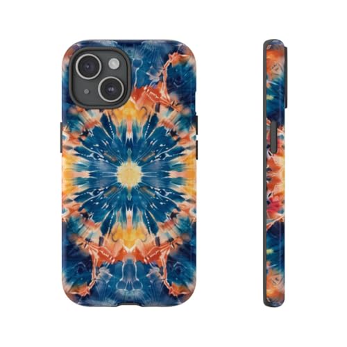 Coque iPhone 15 motif mandala coloré tie-dye bleu | Protection rigide brillante