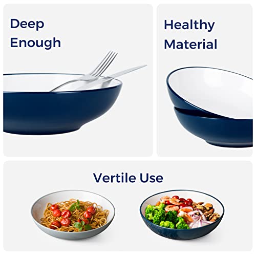 Gbhome 8.75'' Large Pasta Bowls Set Of 4, 42Oz Stoneware Deep Salad Pasta Bowls For Kitchen, Chip-Resistant Bowls Set For Salad Pasta Meal, Microwave And Dishwasher Safe, White-Cobalt #TOP3