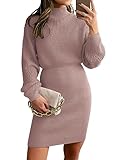 LILLUSORY Women's 2023 Fall Fashion Mock Neck Trendy Casual Long Sleeve Winter Sweater Dress Ribbed Knit Outfits Clothes Bodycon Mini Sweaters Dusty Pink