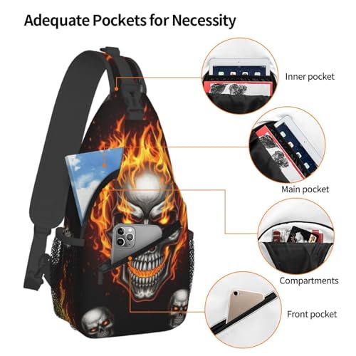 Men's Lightweight Crossbody Backpack, Large Capacity Chest Gym Bag for Outdoor Activities, Cool Fire Flaming Skull Daypack Bags4