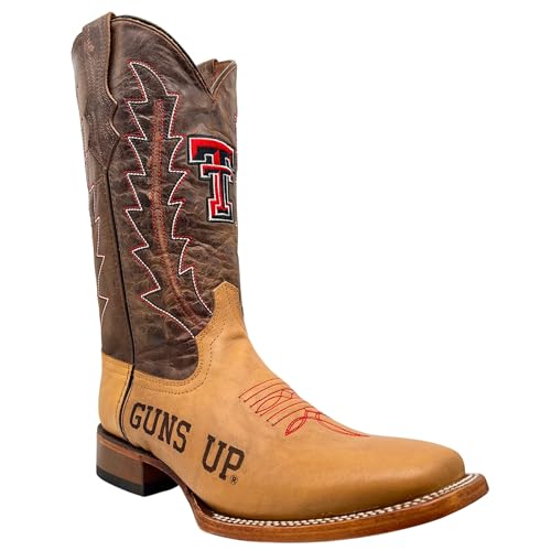 Vaccari Men's Genuine Leather Collegiate Embroidery & Lasered Vamp Broad Square Toe Cowboy Boots