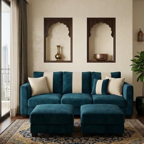 Image of Revo 5 Seater L Shape Sofa Set with 2 Movable Ottomans | Flexible Layout | Luxury Velvet Suede Fabric | Modern Living Room Sofa | Greenish Teal