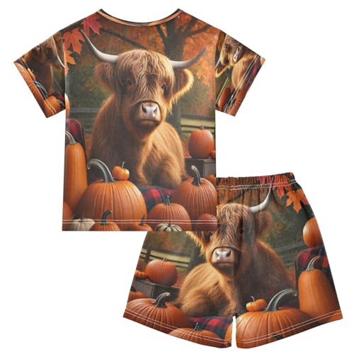 Fall Pumpkin Highland Cow Pajama Set Short Sleeve Sleepwear Soft Pajamas Shorts Sets Cotton PJS 5Y2