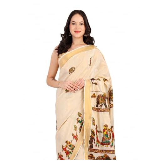 Fashily Women’s Kerala Tissue Plain Saree with Running Blouse| Onam & Vishu Kani Special | Traditional Kasavu White Colour (Elephant Mural)