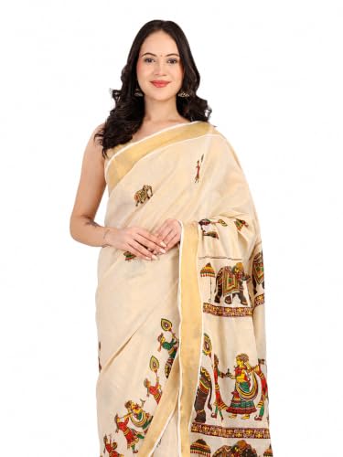 Image of Women's Kerala Tissue Plain Saree with Running Blouse| Onam & Vishu Kani Special | Traditional Kasavu White Colour