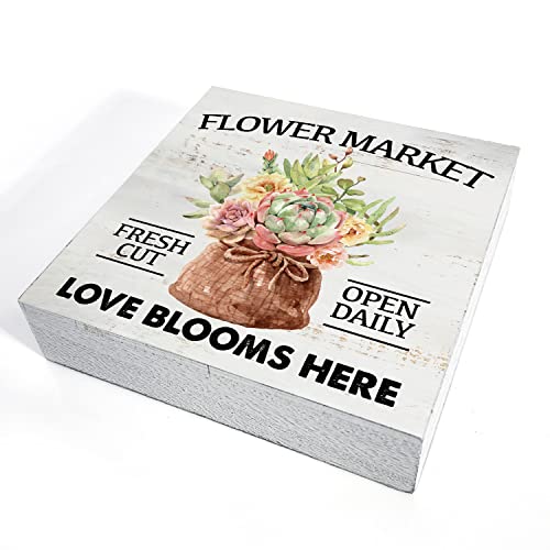 Flower Market Wood Box Sign Home Decor Rustic Farmhouse Spring Quote Wooden Box Sign Block Plaque For Wall Tabletop Desk Home Decoration #TOP2