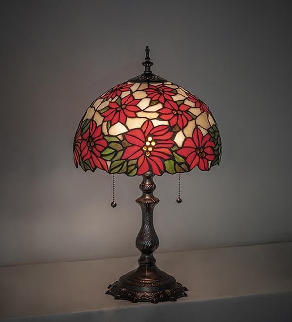 Meyda Tiffany 269101 20 in. Mahogany Bronze High Poinsettia Table Lamp - Ruby & Green