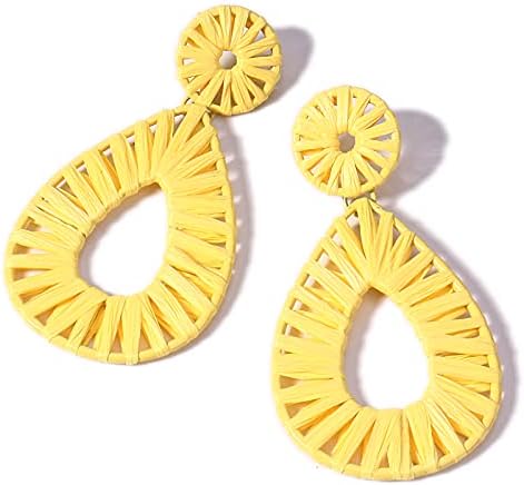 Boho Raffia Earrings Statement Teardrop Earrings Drop Dangle Bohemian Earrings for Women Cute Handmade Earring for Girls(Yellow)